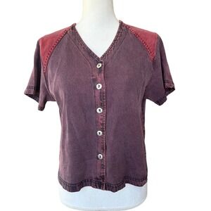 Melrose Studio Womens Acid Wash Button Front Top Burgundy Purple Size S